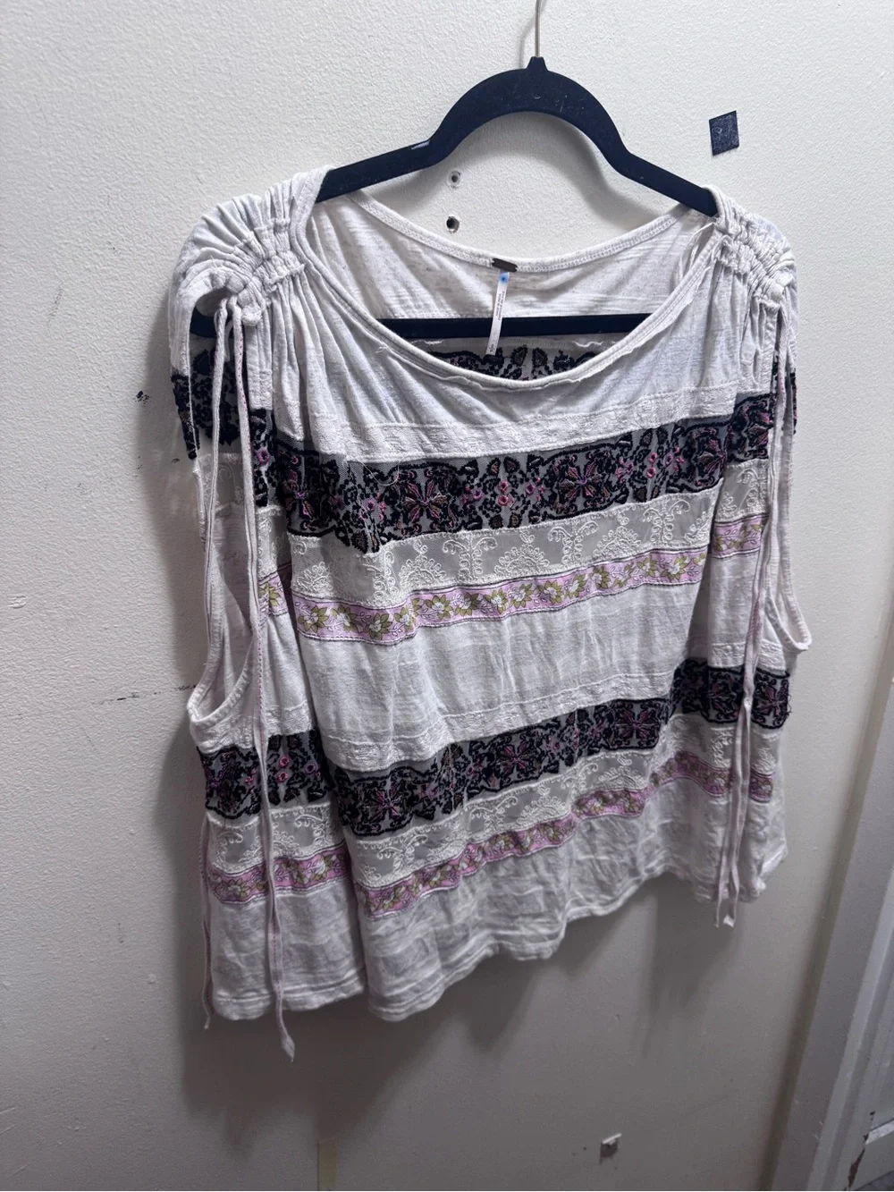 Free People White Cold-Shoulder Boho Tunic with Pink and navy Stripes size small